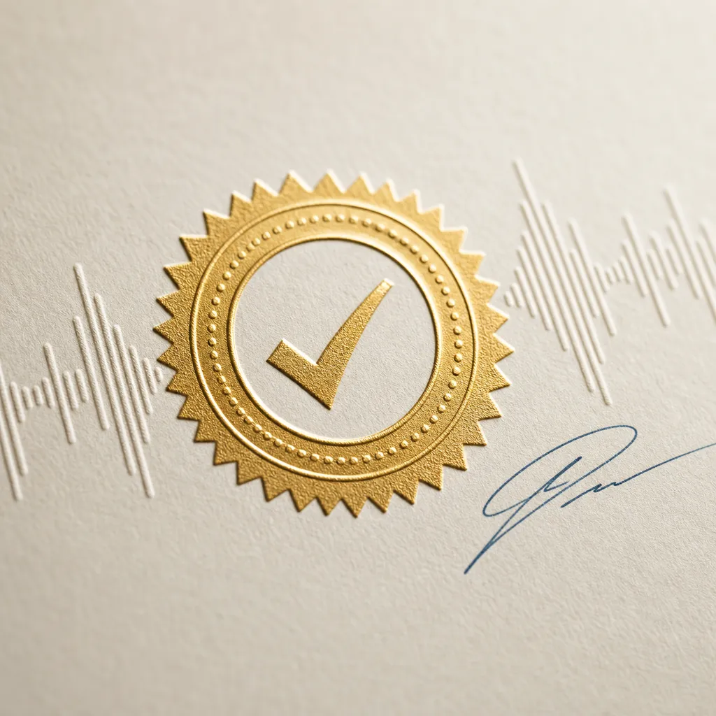 Sello dorado de certificación en relieve sobre el comprobante firmado